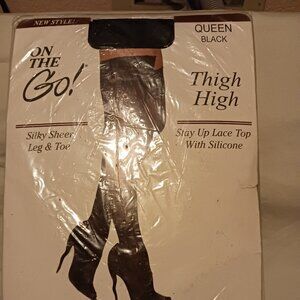 New ON THE GO! Thigh High Women’s Size Queen Black Silky Sheer Leg & Toe